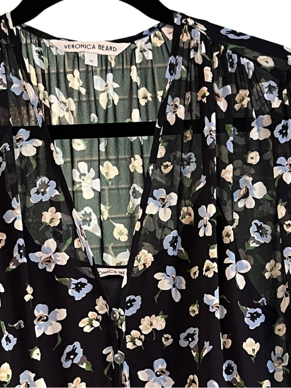 Veronica Beard Alec Silk Blouse 10 Black Floral Sheer V Neck Top - Picture 3 of 13